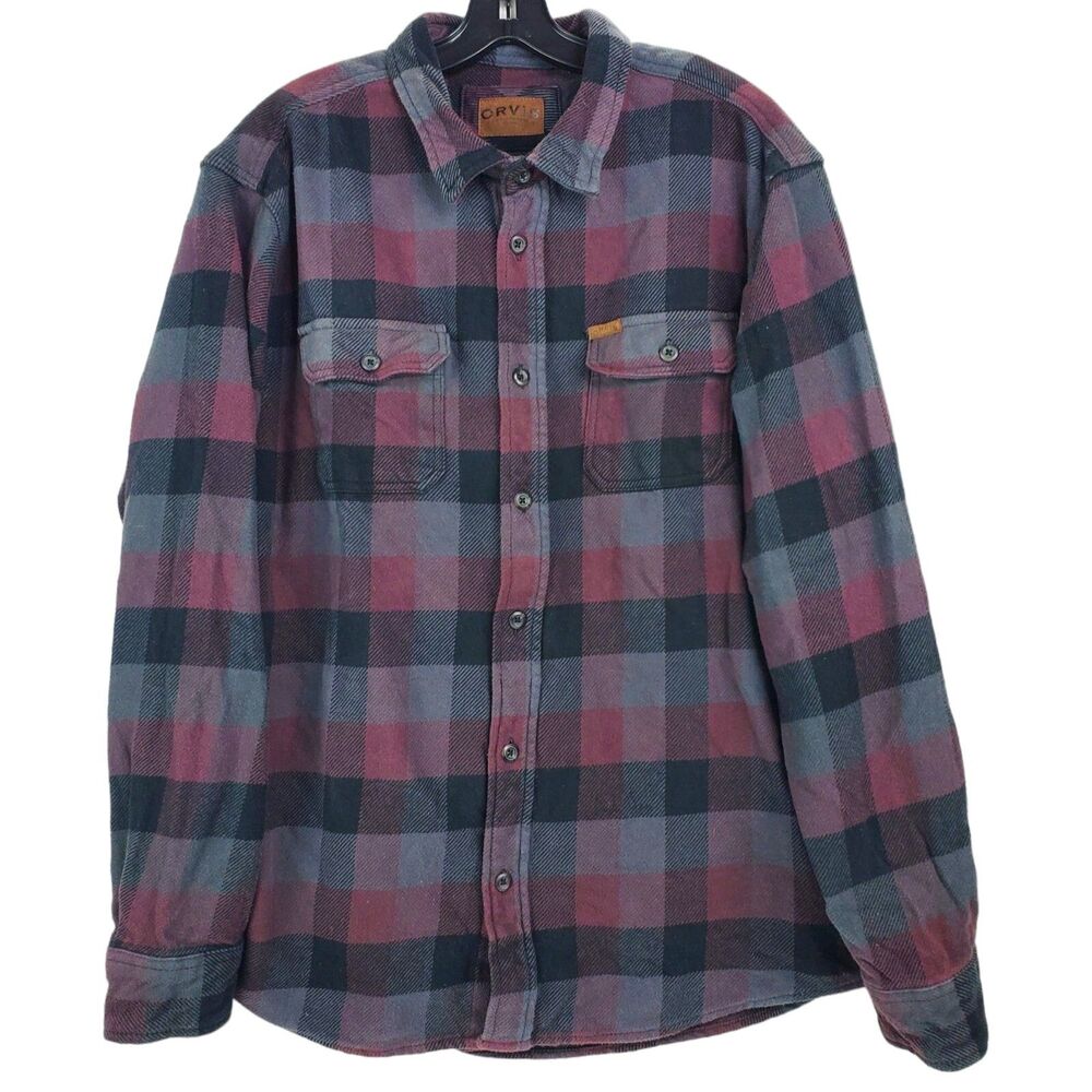 ORVIS Shirt Mens XL Multicolor Window Pane Plaid Flannel Heavy Button Up Outdoor